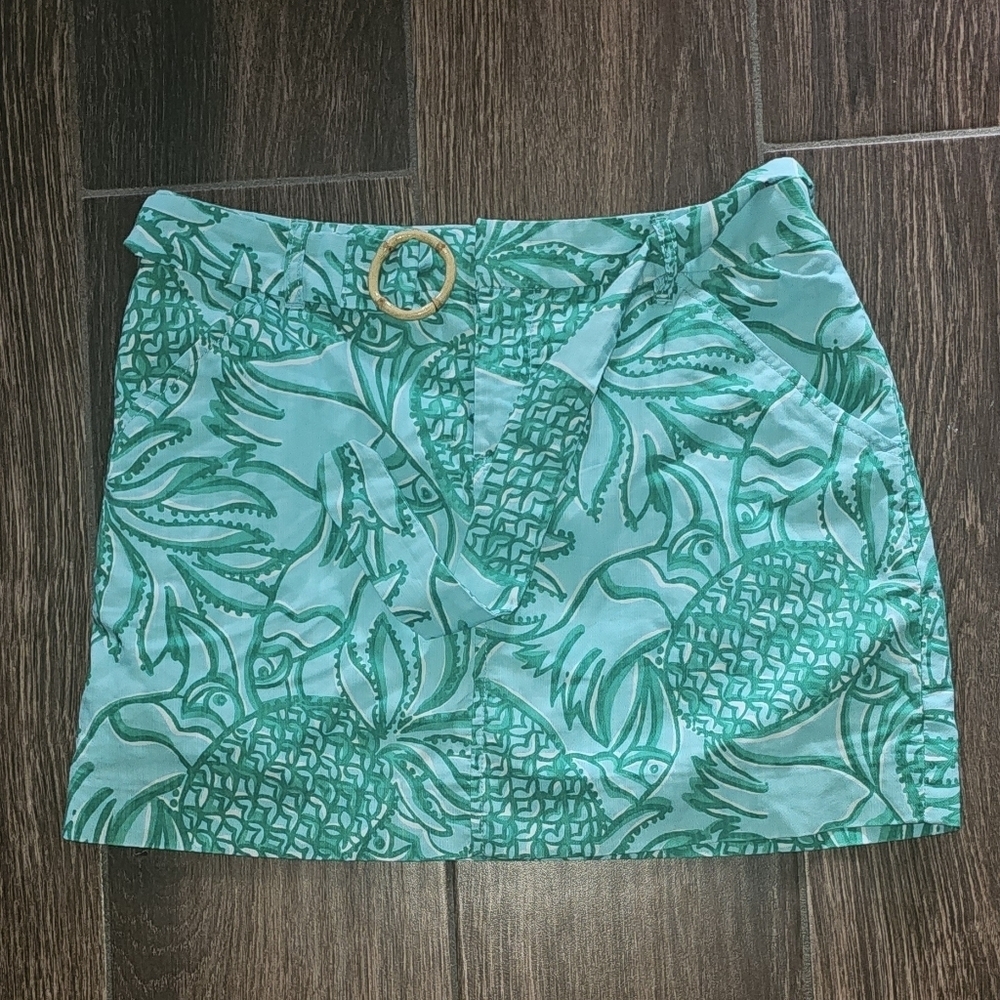 VINTAGE LILY PULITZER BLUE GREEN PINEAPPLE TOUCAN 🍍 BAMBOO BELT SKIRT SZ 4